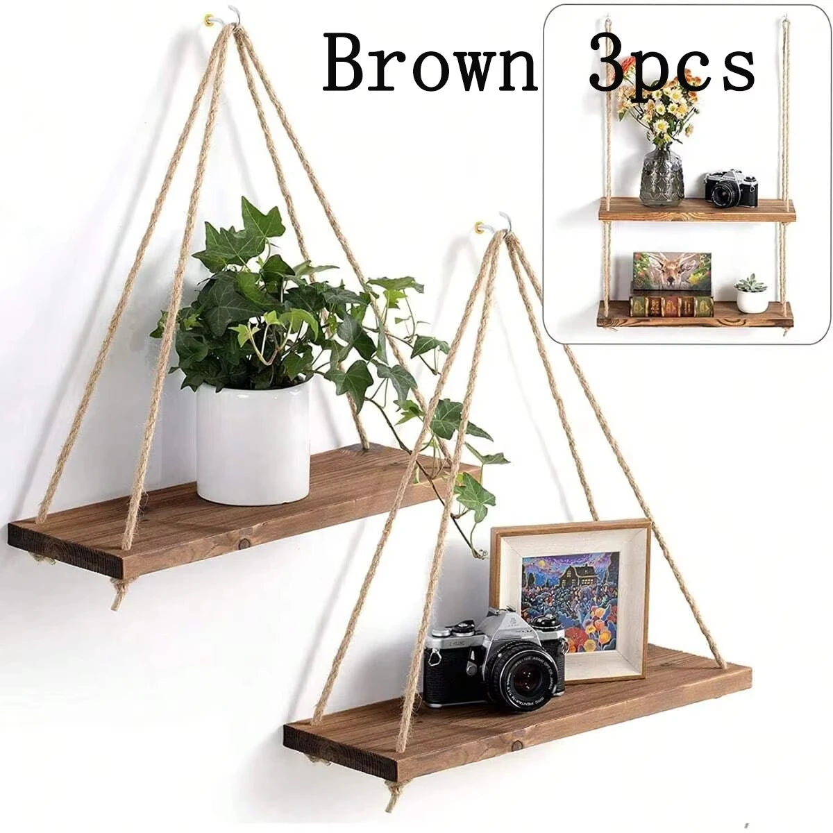 Rustic Wooden Hanging Swing Shelf