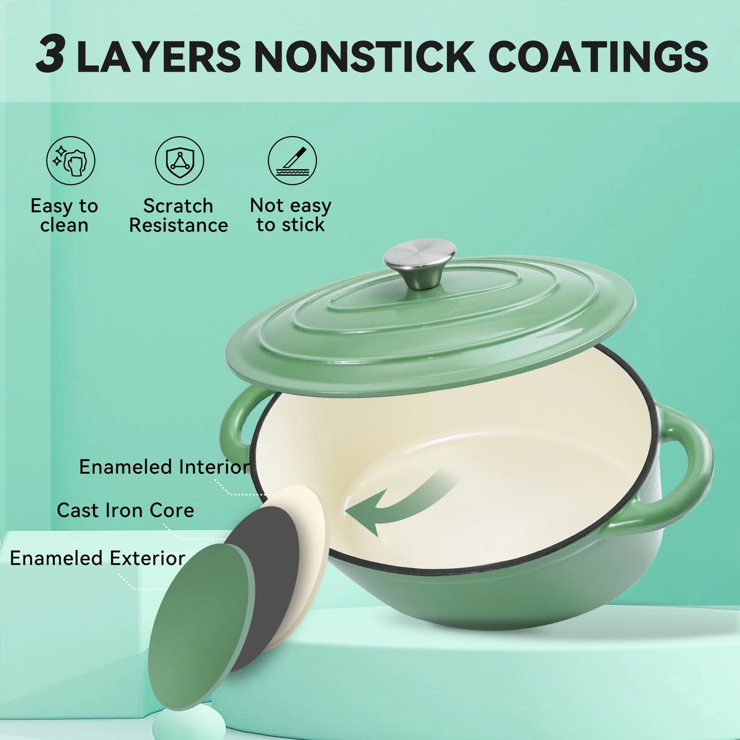 Dutch oven with lid cast iron pot, with double handles, suitable for bread baking, cooking, non-stick enamel coated cookware.