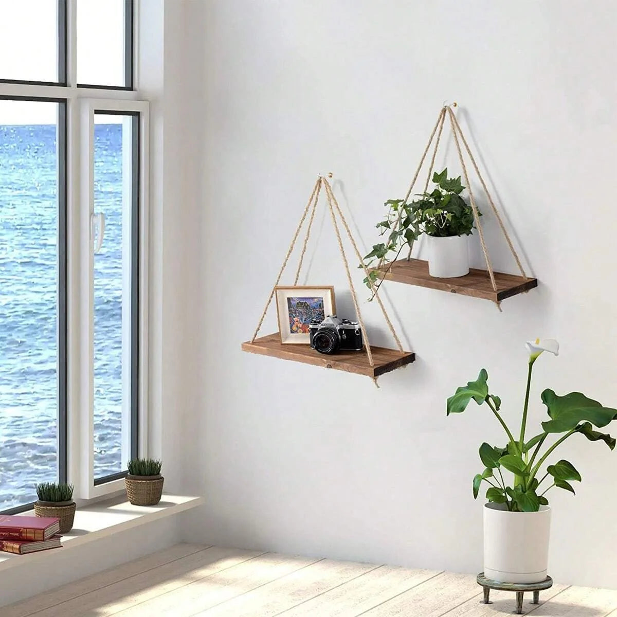 Rustic Wooden Hanging Swing Shelf