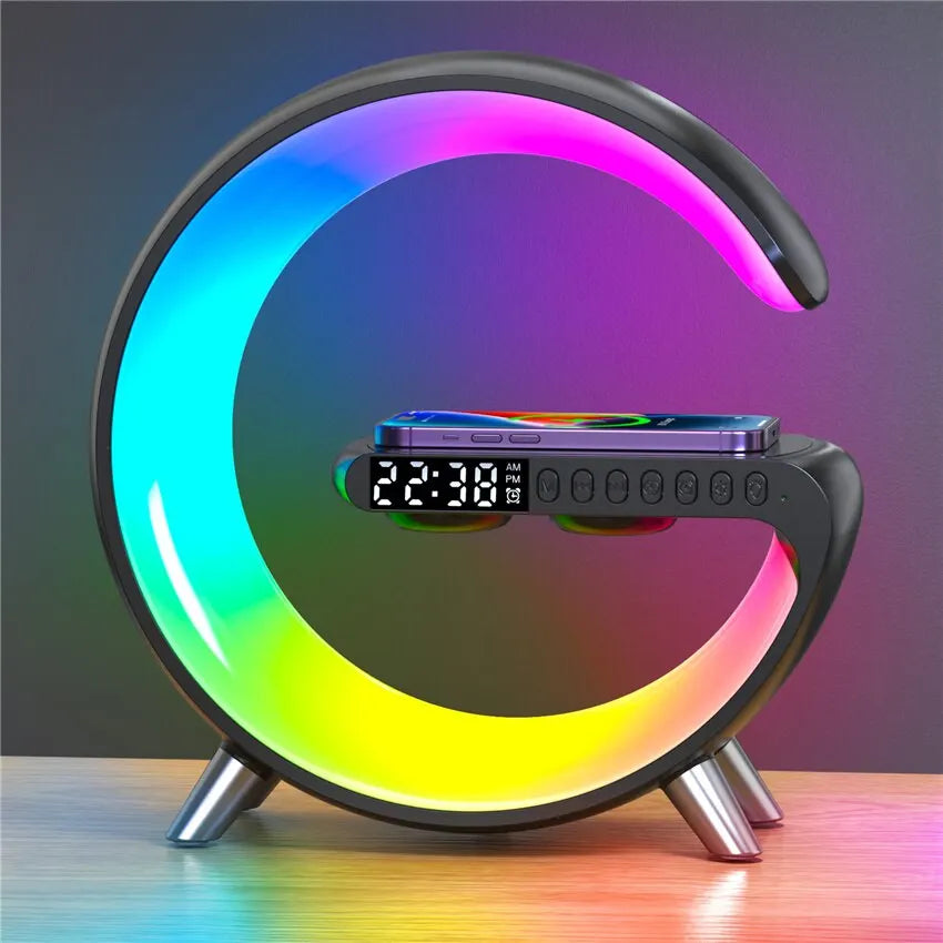 Multifunctional Wireless Charging Stand with Alarm Clock and RGB Speaker