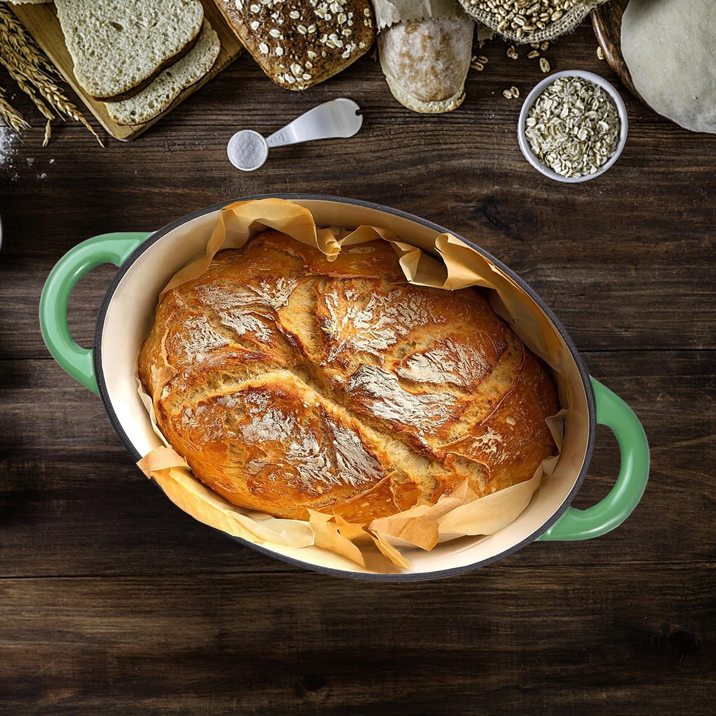 Dutch oven with lid cast iron pot, with double handles, suitable for bread baking, cooking, non-stick enamel coated cookware.
