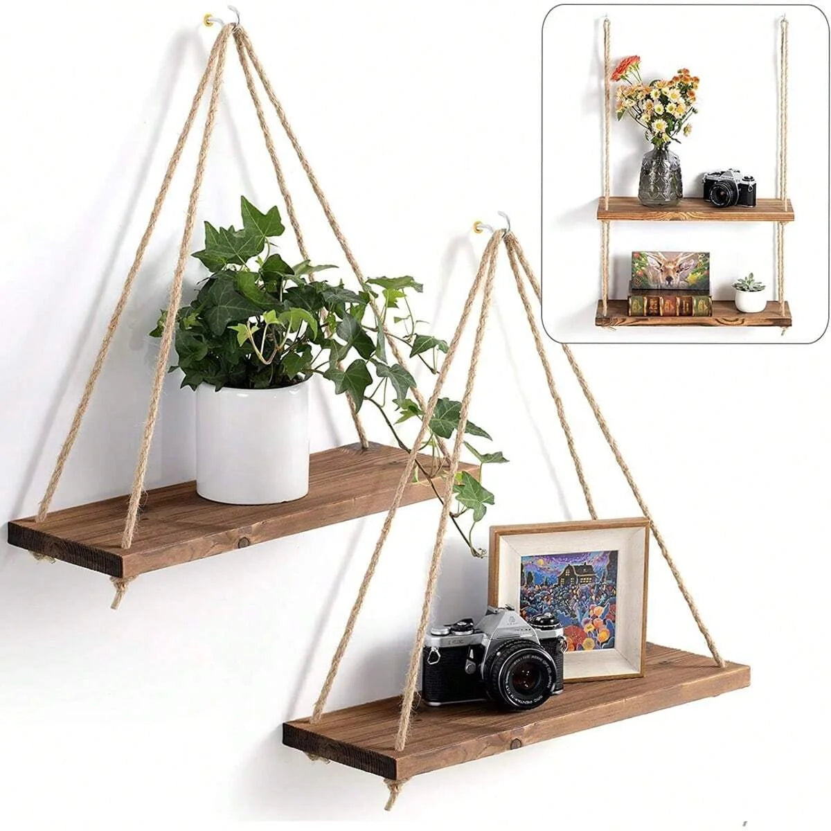 Rustic Wooden Hanging Swing Shelf
