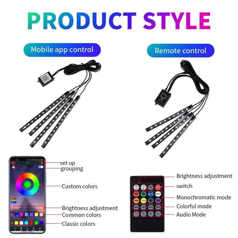 RGB LED Car Interior Foot Strip Light
