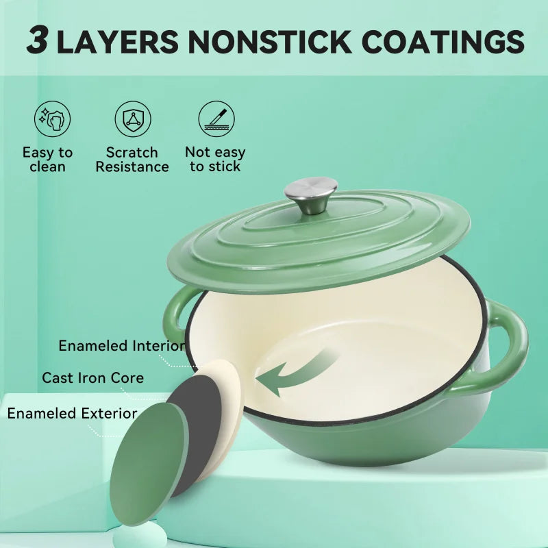 Dutch oven with lid cast iron pot, with double handles, suitable for bread baking, cooking, non-stick enamel coated cookware.