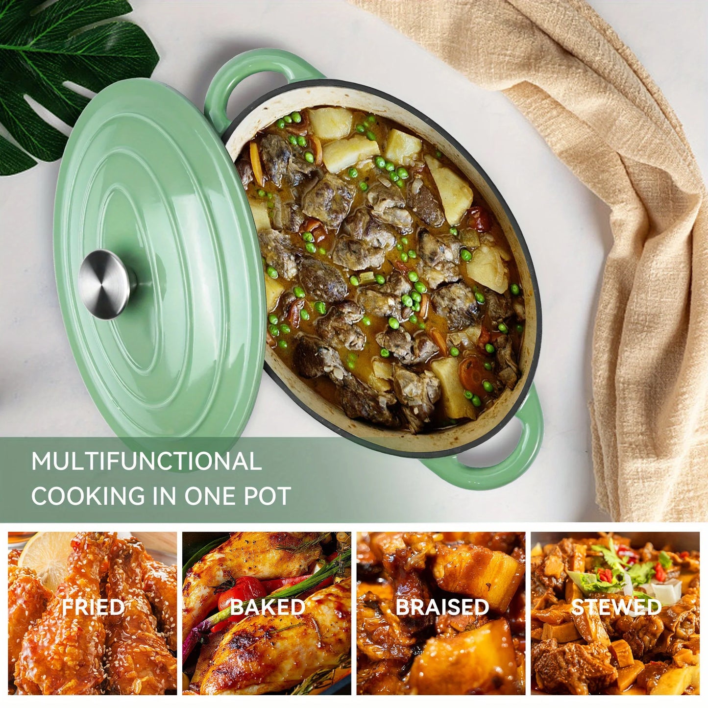 Dutch oven with lid cast iron pot, with double handles, suitable for bread baking, cooking, non-stick enamel coated cookware.