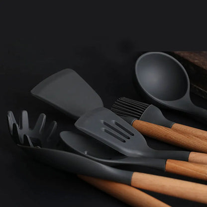 Silicone Kitchen Utensils Set with Wooden Handle, Non-Stick Spatula