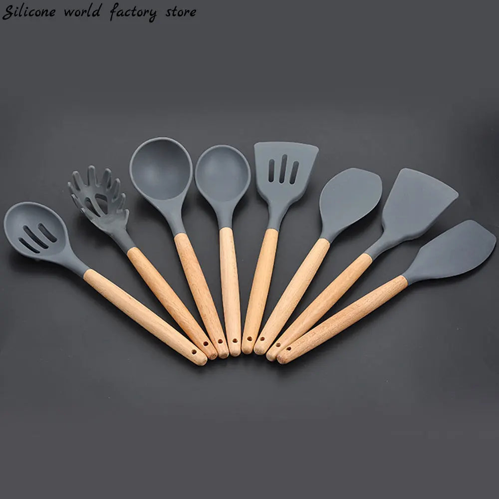 Silicone Kitchen Utensils Set with Wooden Handle, Non-Stick Spatula