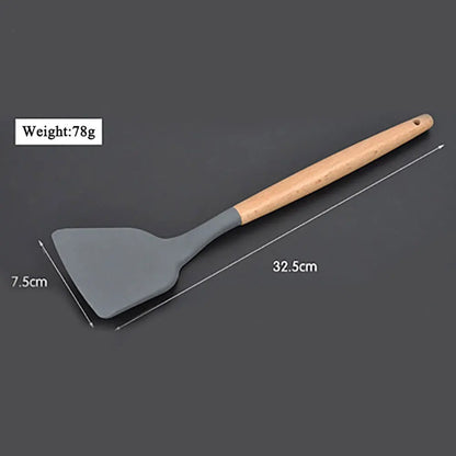 Silicone Kitchen Utensils Set with Wooden Handle, Non-Stick Spatula