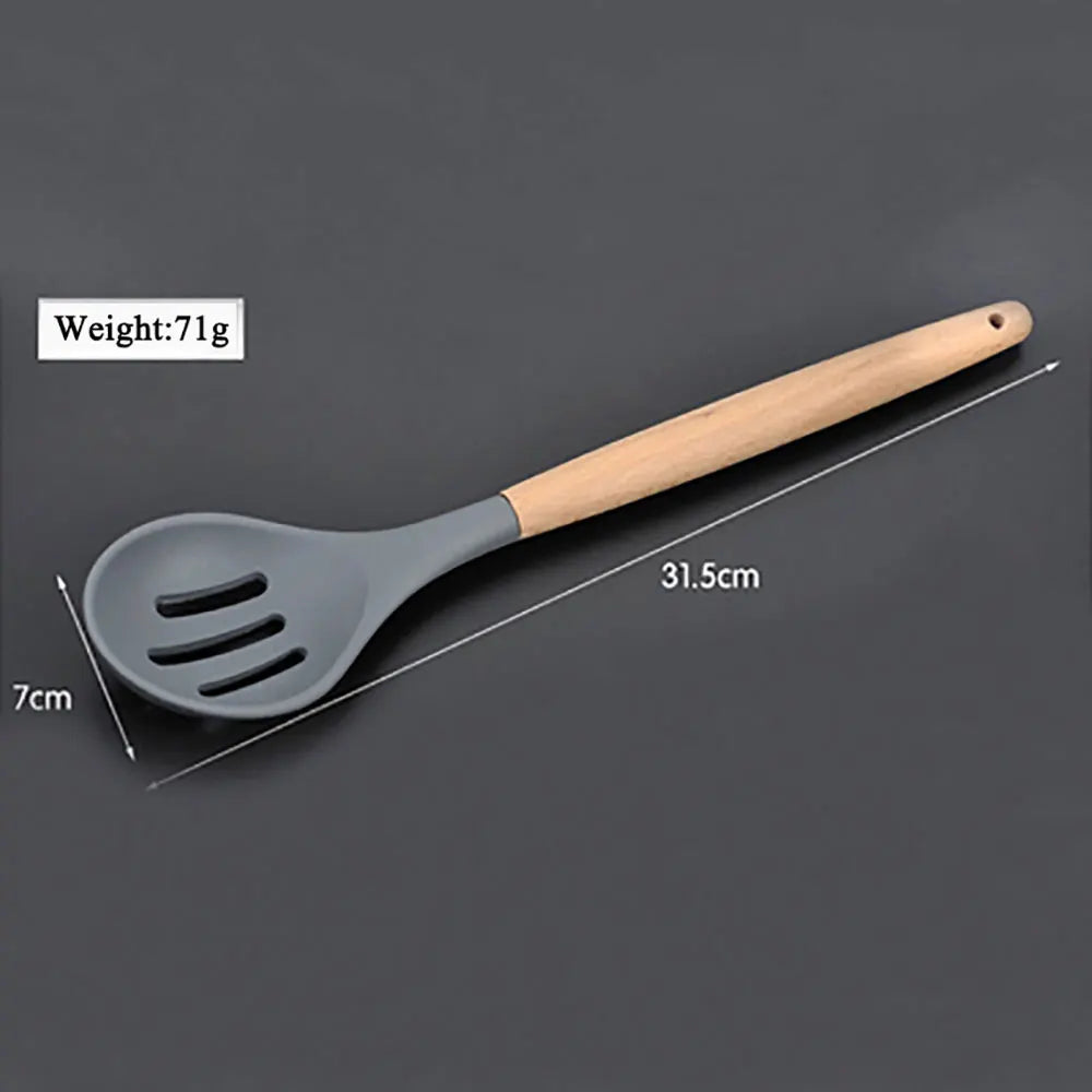 Silicone Kitchen Utensils Set with Wooden Handle, Non-Stick Spatula