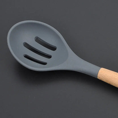 Silicone Kitchen Utensils Set with Wooden Handle, Non-Stick Spatula