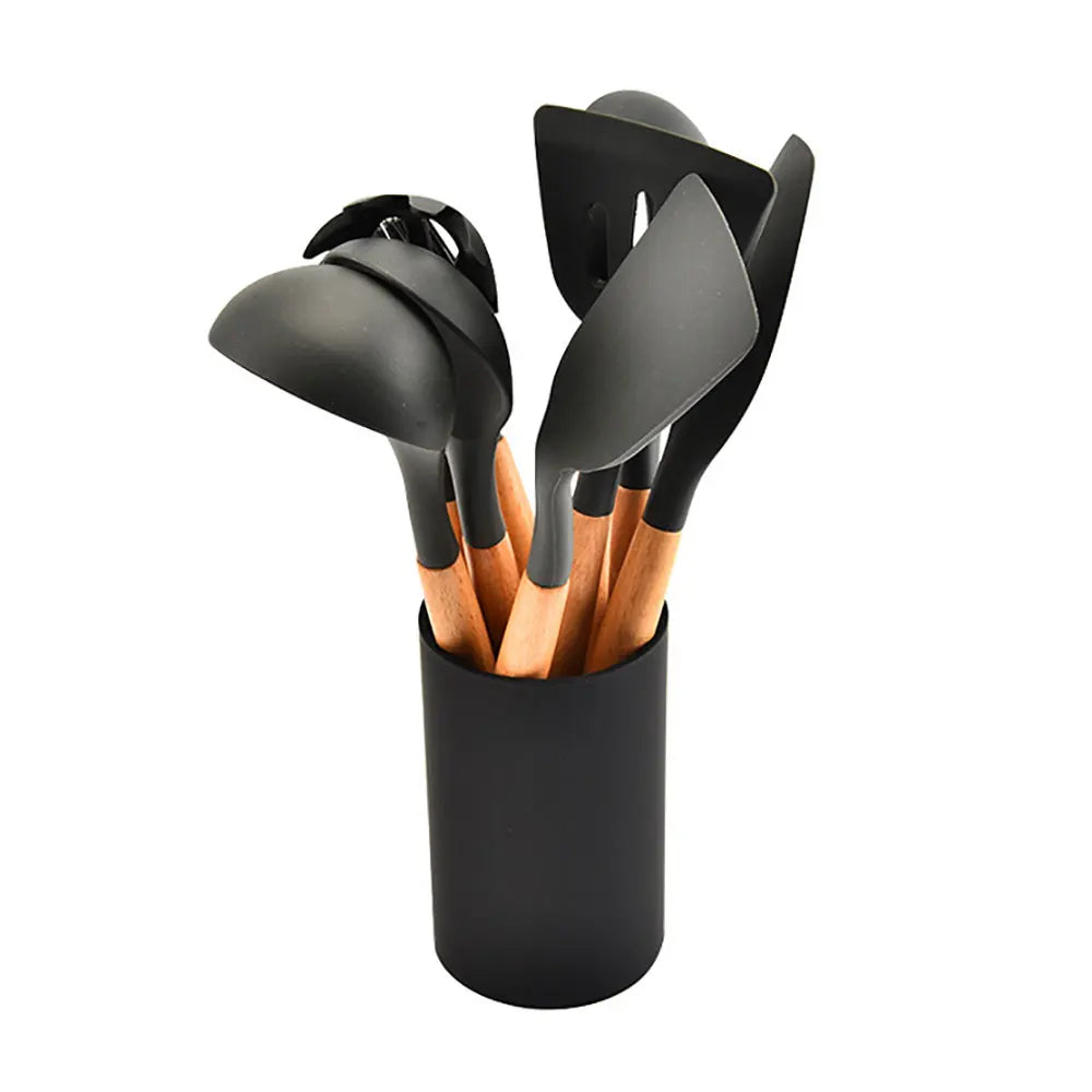 Silicone Kitchen Utensils Set with Wooden Handle, Non-Stick Spatula