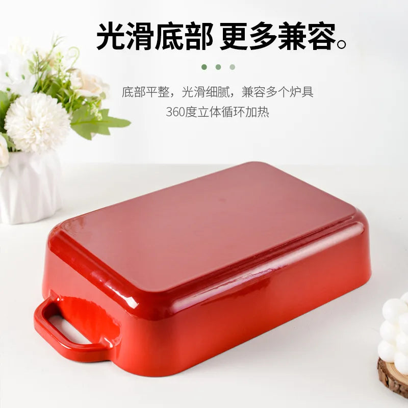 Red Enameled Cast Iron Baking Pan Rectangular Lasagna Dish Large Roasting Pan