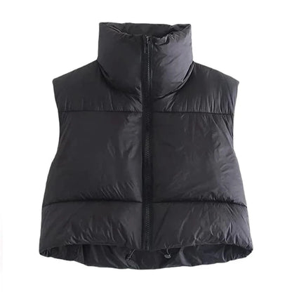 Women's Short Cotton Down Vest Stand-up Collar Quilted Sleeveless Jacket