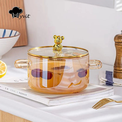 Small Bear Glass Soup Boiler Pot with Lid for Cooking