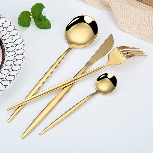 24Pcs Stainless Steel Dinnerware Set, Black Gold Fork Spoon Knife