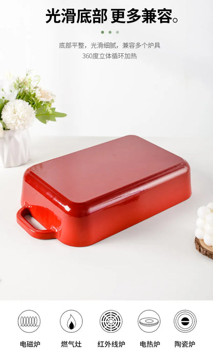 Red Enameled Cast Iron Baking Pan Rectangular Lasagna Dish Large Roasting Pan