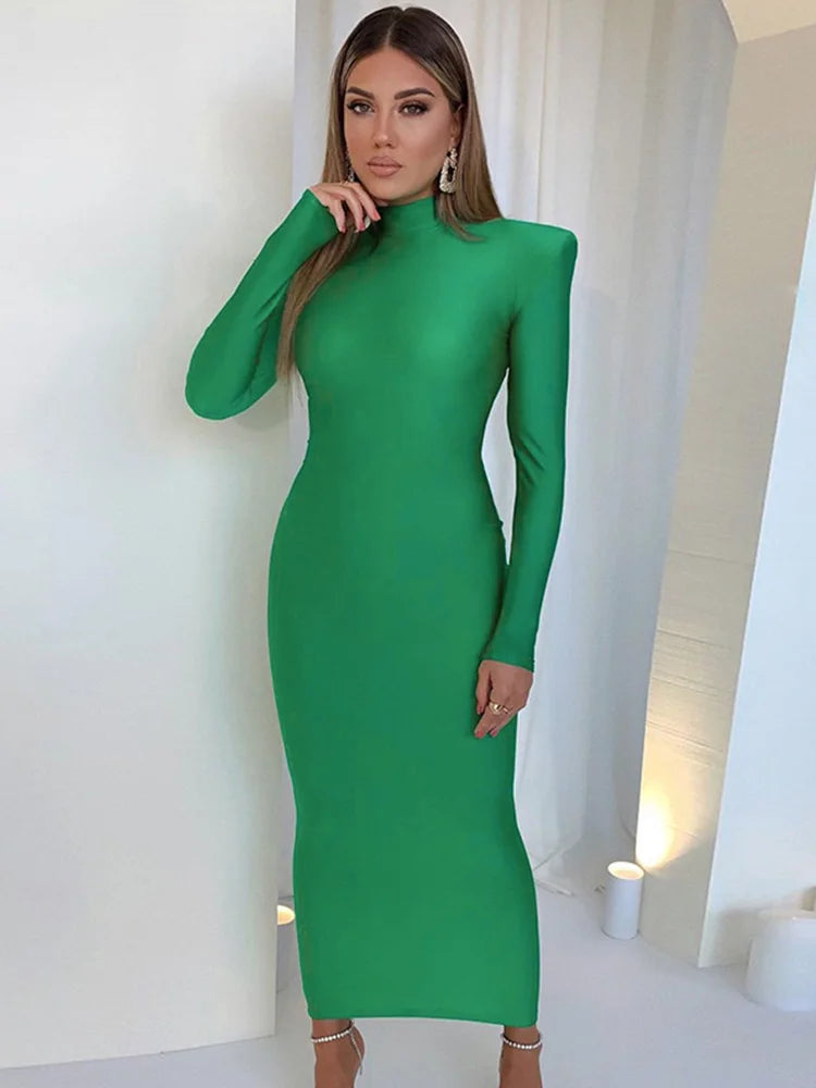 Elegant Shoulder Padded Bodycon Maxi Dress