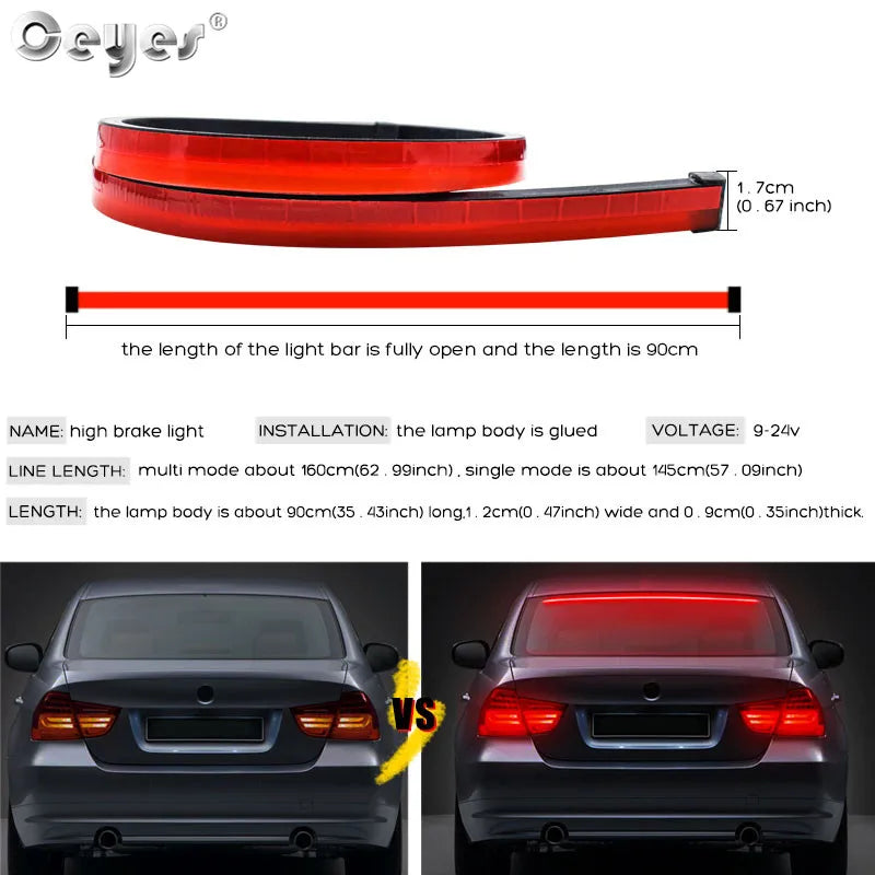 90cm Auto High Mount Brake Stop Lights Car Styling Accessories Additional Brake Lamp Warning Turn Signal LED Strips Waterproof