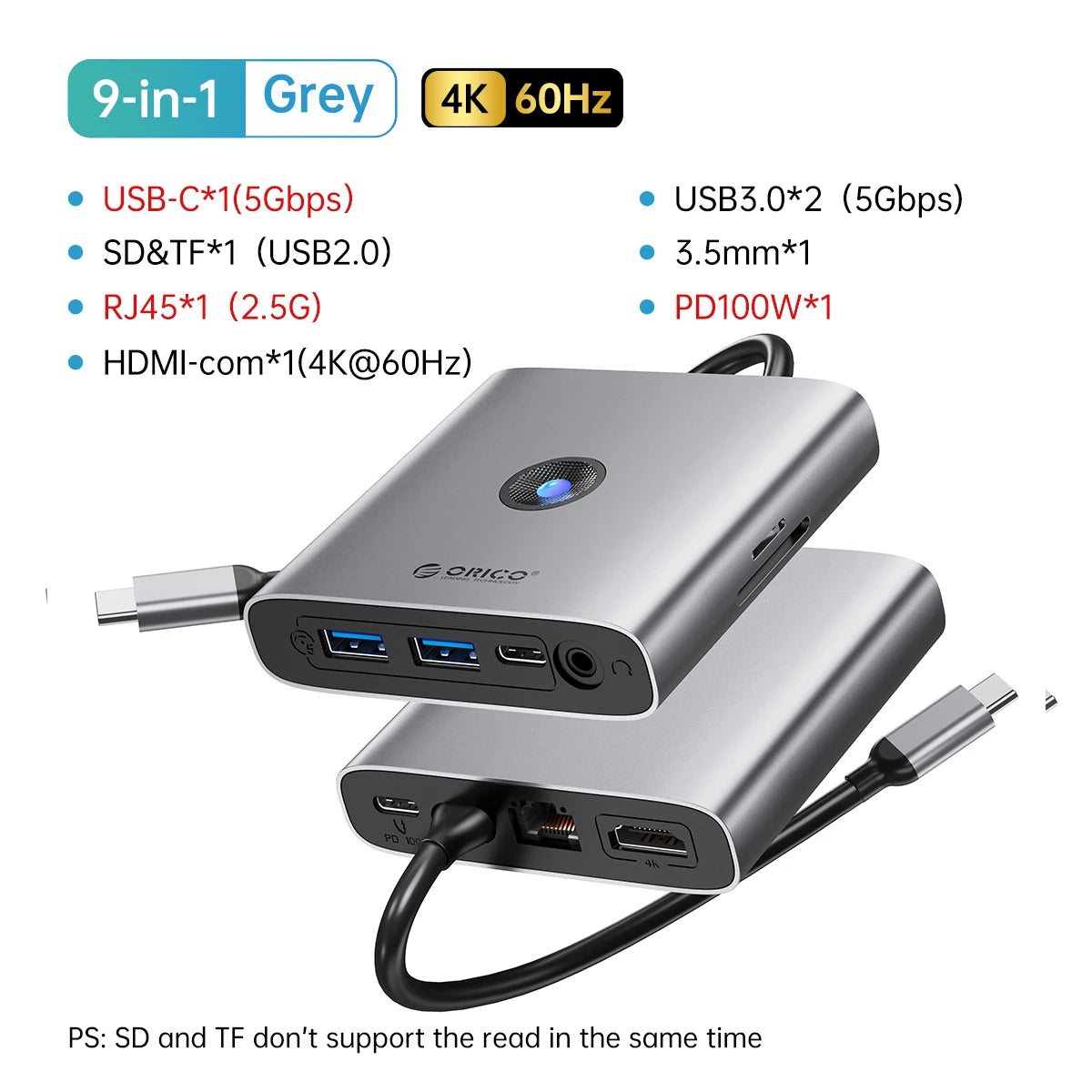 ORICO USB 3.0 Type C Adapter with HDMI, RJ45, PD Splitter