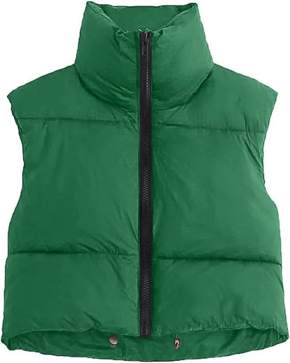 Women's Short Cotton Down Vest Stand-up Collar Quilted Sleeveless Jacket