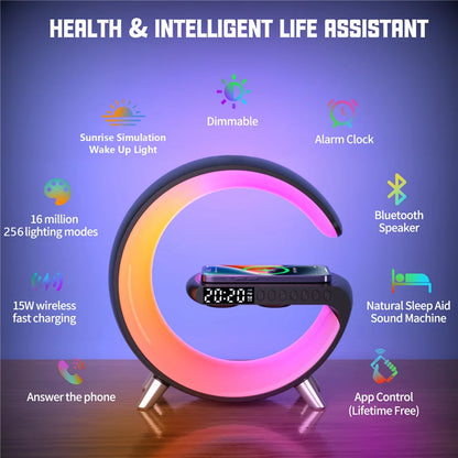 Multifunctional Wireless Charging Stand with Alarm Clock and RGB Speaker