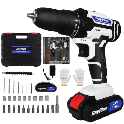 21V Cordless Power Drill Set with Impact Driver and Battery