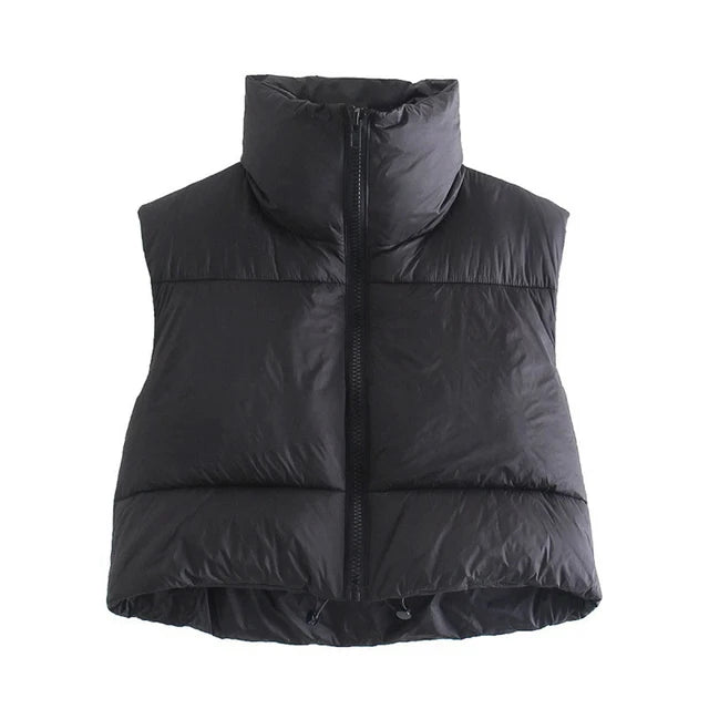 Women's Short Cotton Down Vest Stand-up Collar Quilted Sleeveless Jacket