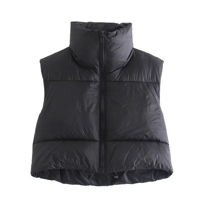 Women's Short Cotton Down Vest Stand-up Collar Quilted Sleeveless Jacket