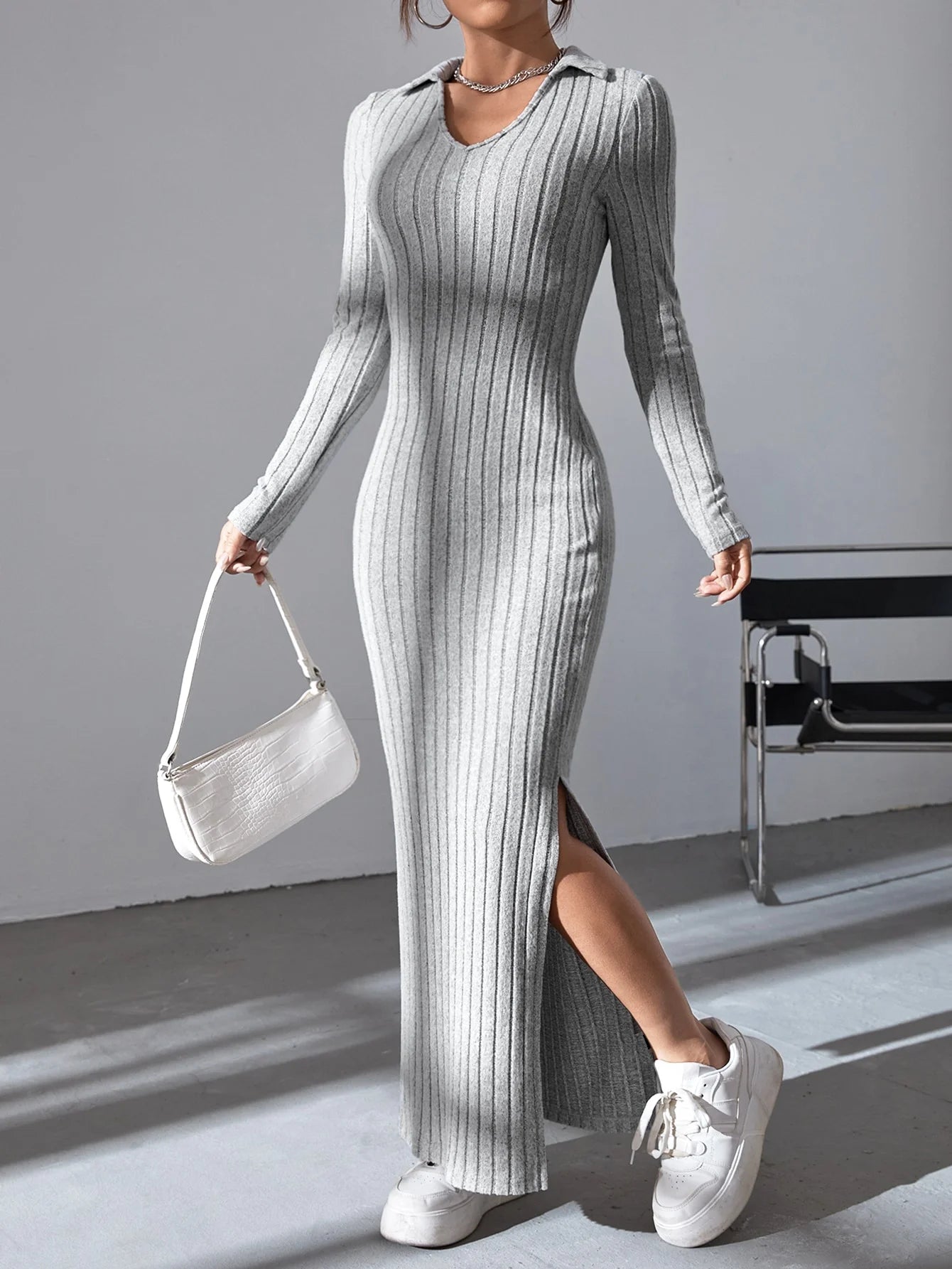 Sexy Knit V-Neck Body Sweater Dress