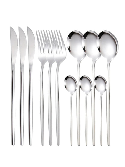 12pcs Thin Stainless Steel Tableware Set with Steak Knife & Fork