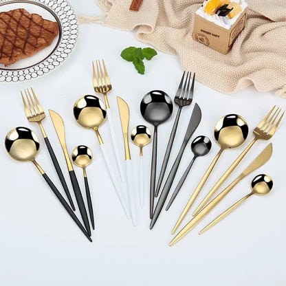 24Pcs Stainless Steel Dinnerware Set, Black Gold Fork Spoon Knife