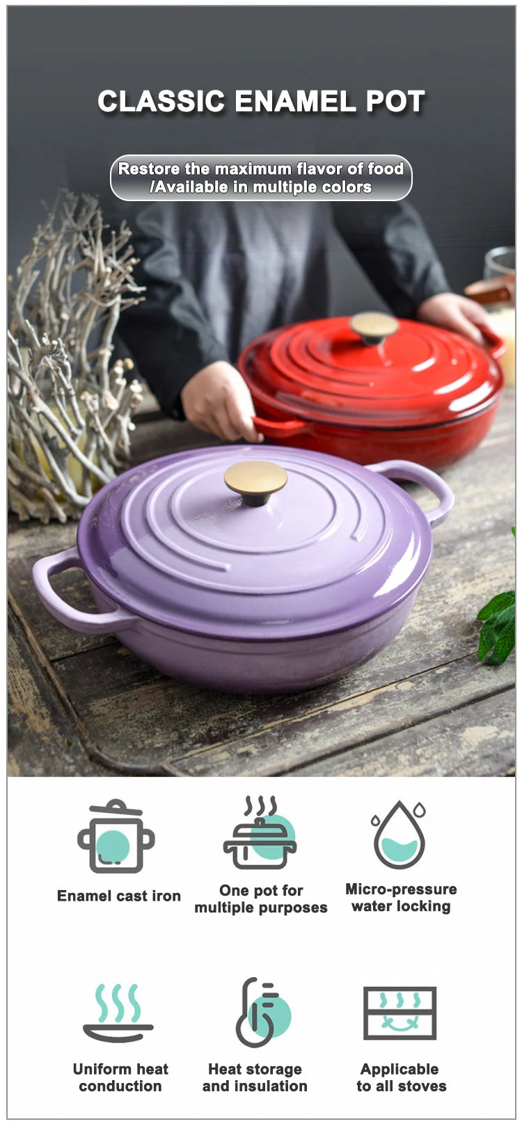 Modern Kitchen Accessories Enamel Cast Iron Shallow Pot Cooking Utensils Round Casserole with Lid