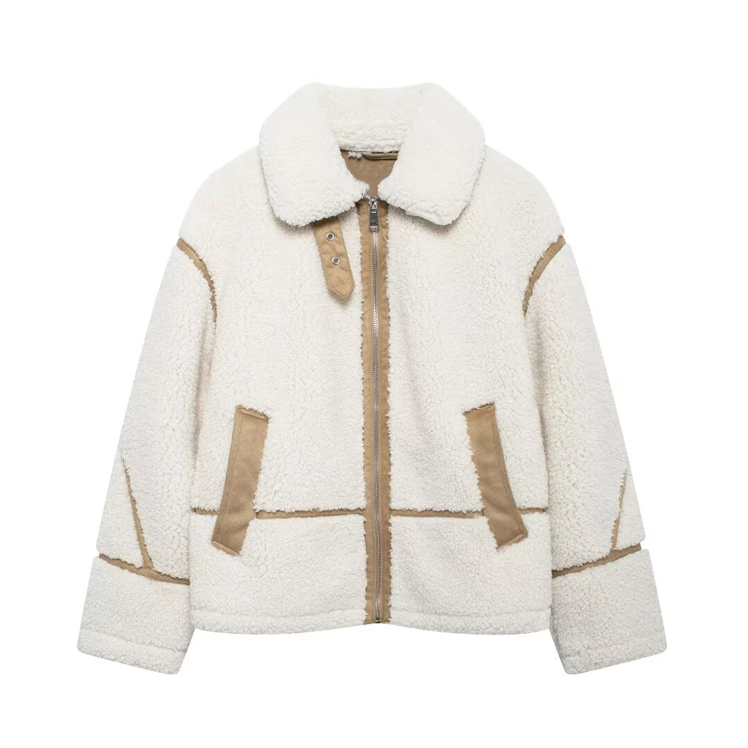 Winter Women's Contrast Stripe Fleece Double-Sided Lapel Jacket