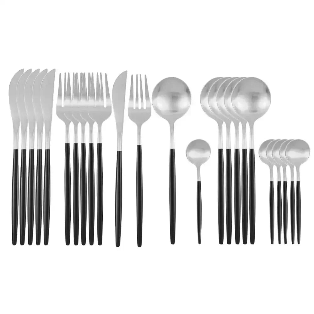 24Pcs Stainless Steel Dinnerware Set, Black Gold Fork Spoon Knife