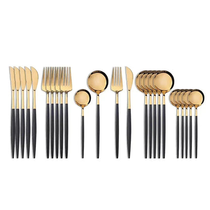 24Pcs Stainless Steel Dinnerware Set, Black Gold Fork Spoon Knife