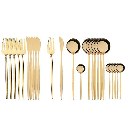 24Pcs Stainless Steel Dinnerware Set, Black Gold Fork Spoon Knife