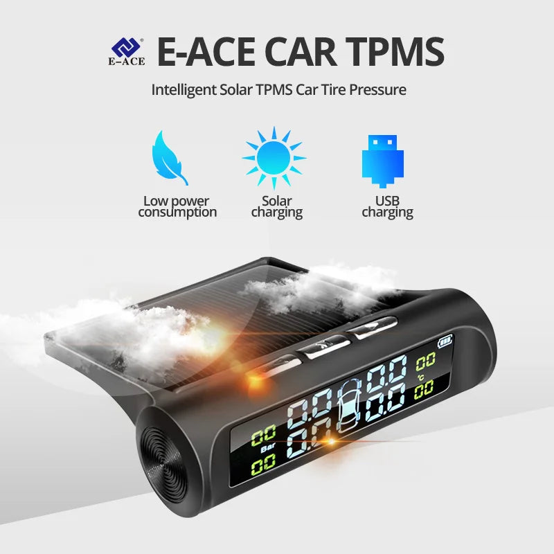 E-ACE K01 TPMS solar sensor intelligence  Wireless Tire Pressure Monitoring System  Auto Security Alarm Device With 4 sensors