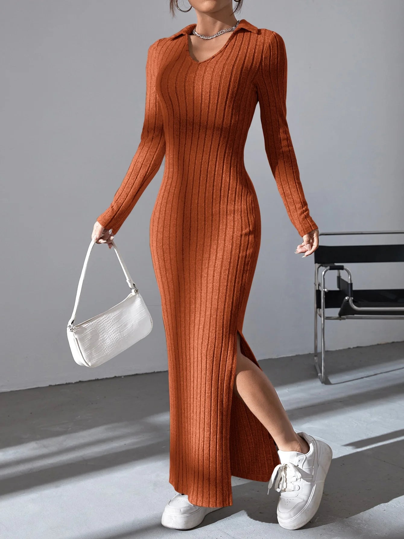 Sexy Knit V-Neck Body Sweater Dress