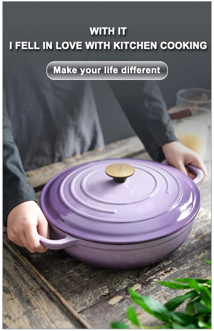 Modern Kitchen Accessories Enamel Cast Iron Shallow Pot Cooking Utensils Round Casserole with Lid