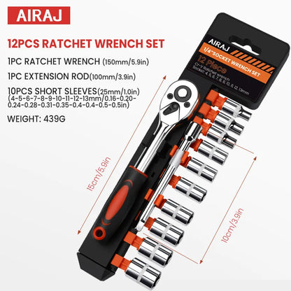 AIRAJ 12PCS Ratchet Socket Wrench Set, Automotive & Household Tools