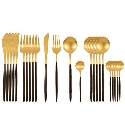 24Pcs Stainless Steel Dinnerware Set, Black Gold Fork Spoon Knife